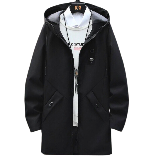 Mens Casual Long Hooded Windbreaker