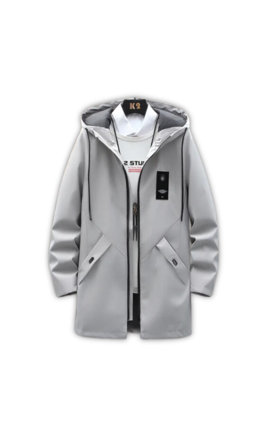 Mens Casual Long Hooded Windbreaker