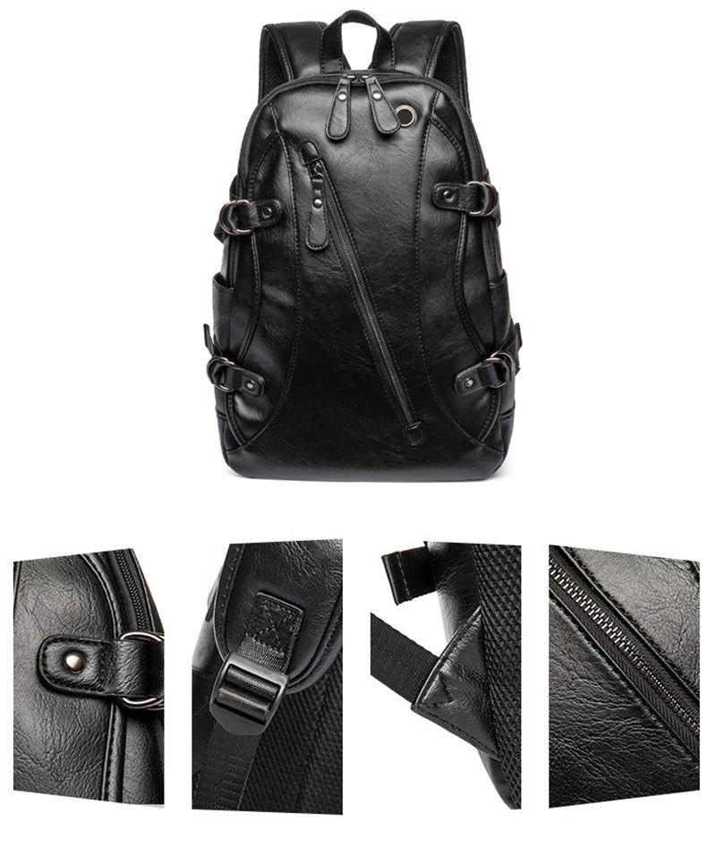 Men Backpack Fashion PU Leather External USB Charge Waterproof Backpack Travel Bag Casual School Bag Leather Bookbag